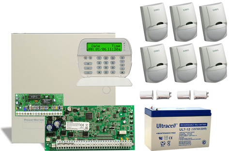 DSC PC1864 PACK LCD + 7 Ah akku DSC PC1864NK központ, PK5500 kezelő, PC5108 bővítő, 6 db LC100PI infra, 2db nyitás, akku.