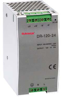 SUNWOR DR-120-24 DIN sínre szerelhető kapcsolóüzemű tápegység, 24 VDC, 5A, 120W.