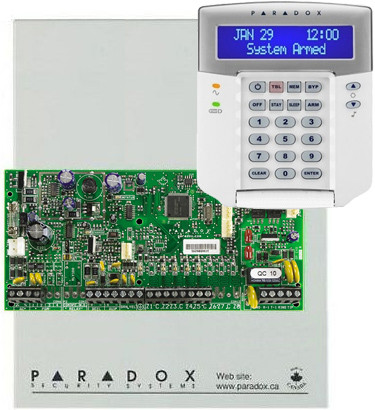 PARADOX SP5500+ és K32LCD+ 5 (32) zóna, 2 partíció, StayD, kommunikátor, K32LCD+ kezelő, fémdoboz.