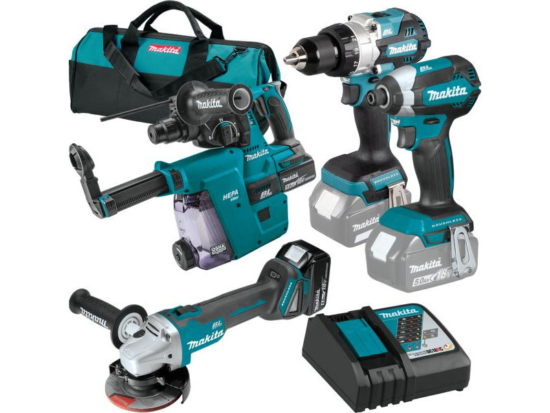 Makita akkus BL gépszett 18V LXT Li-ion DDF486+DGA504+ DHR243+DTD153+DX07 2x5Ah