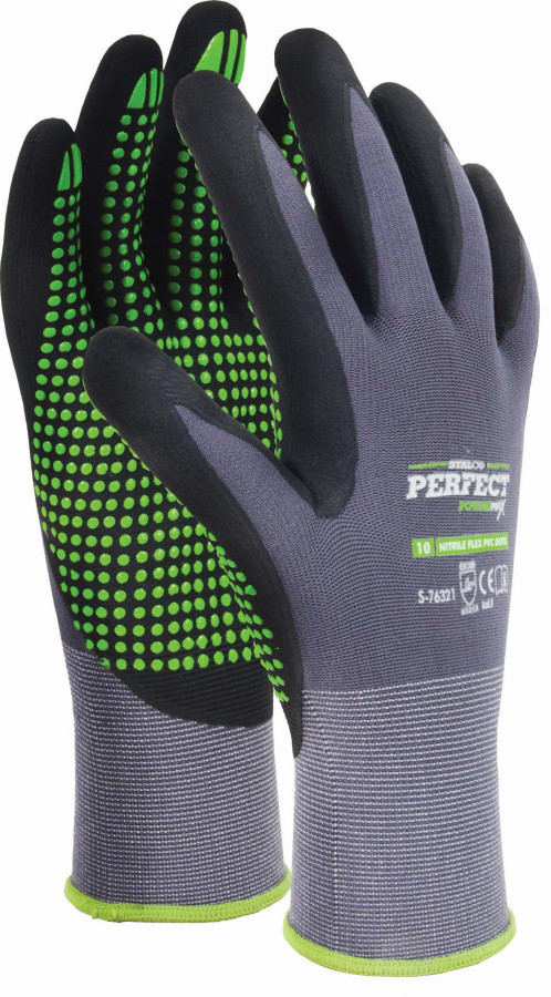 Munkavédelmi nylon kesztyű, méret:8, NITRILE FLEX DOTS, STALCO PERFECT POWERMAX