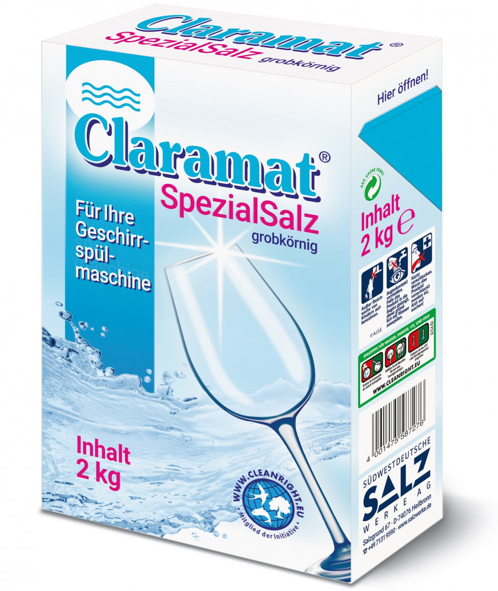 Claramat SpecialSalz regeneráló só, durva szemcsés vízlágyító só granulátum mosogatógépekbe, EasyFill papírdobozban, 2kg