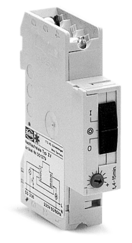 HELIOS ZV: Állítható késleltető időrelé, utánfutás: 0-21 perc, sínre szerelhető, max. 2,1A (ind.)