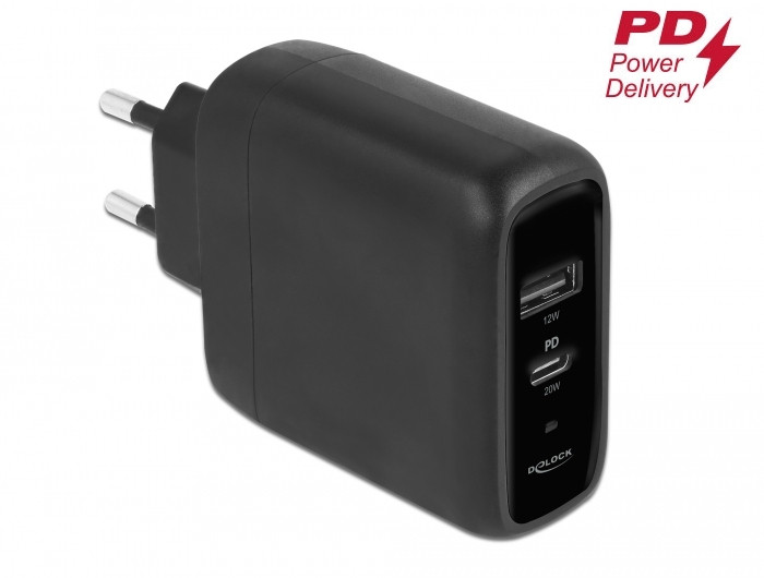 Delock USB töltő USB Type-C PD 3.0 és A-típusú USB-hez 20 W + 12 W teljesítménnyel