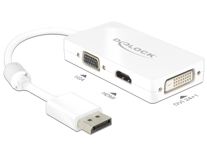 Delock Adapter Displayport 1.1-dugós csatlakozó > VGA / HDMI / DVI-csatlakozóhüvely passzív fehér