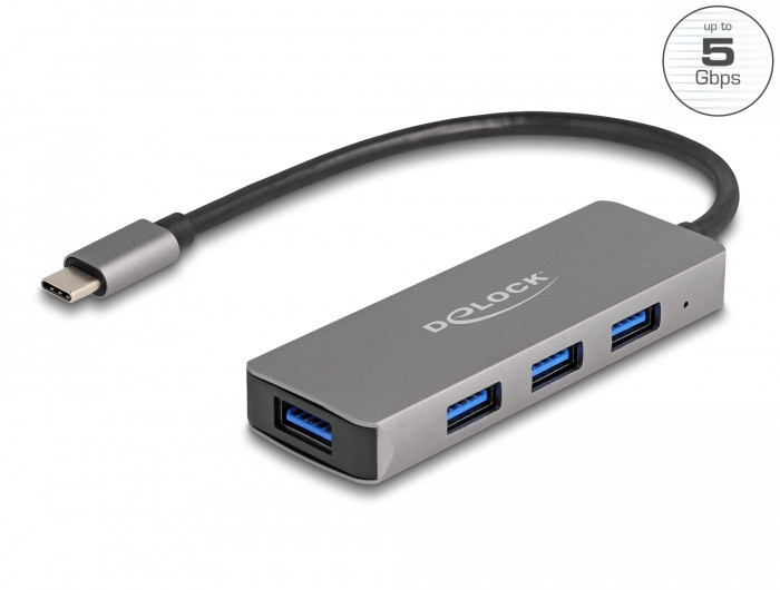 Delock 4 portos USB 3.2 Gen 1 hub USB Type-C csatlakozóval USB Type-A portok az oldalán