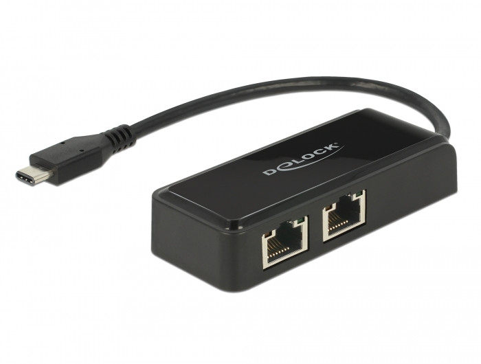 Delock Adapter SuperSpeed USB (USB 3.1 Gen 1) USB Type-C csatlakozódugóval > 2 x Gigabit LAN 10/100