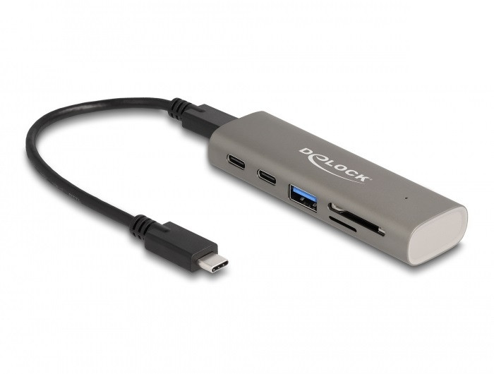 Delock 3 portos USB 10 Gbps hub beépített SD és Micro SD kártyaolvasóval, valamint USB Type-C csatlakoztatóval