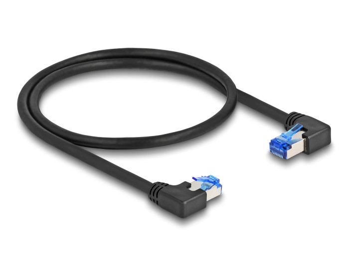 Delock RJ45 hálózati kábel Cat.6A S/FTP jobb / bal, hajlított, 0,5 m, fekete színű