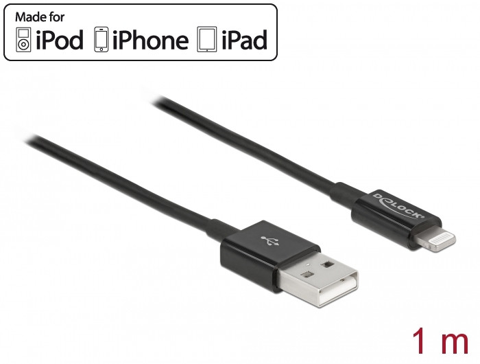 Delock USB adat- és töltőkábel iPhone , iPad és iPod készülékhez fekete 1 m