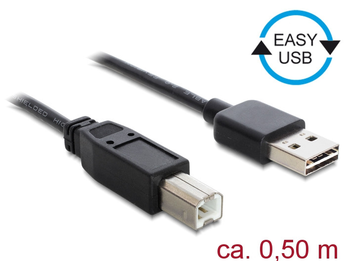 Delock Kábel, EASY-USB 2.0-s A-típusú csatlakozódugó > USB 2.0-s B-típusú csatlakozódugó, 0,5 m, fek