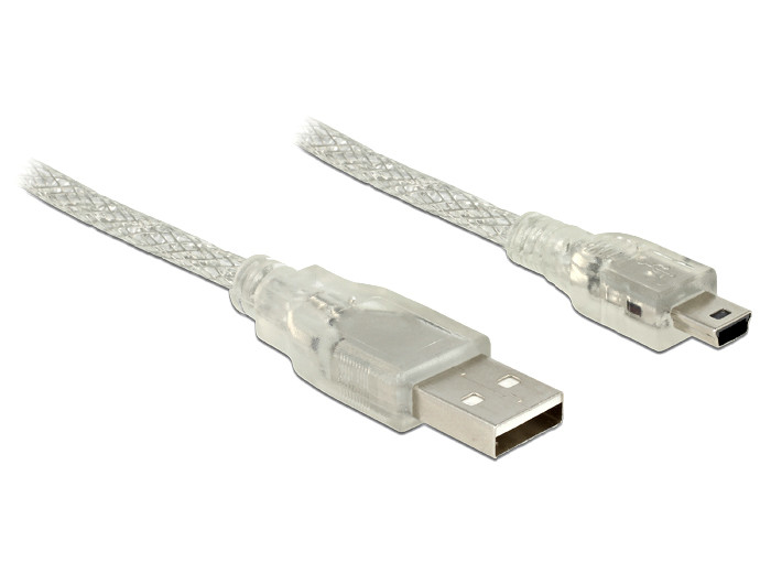 Delock USB 2.0-s kábel A-típusú csatlakozódugóval > USB 2.0 Mini-B csatlakozódugóval 1 m, áttetsző