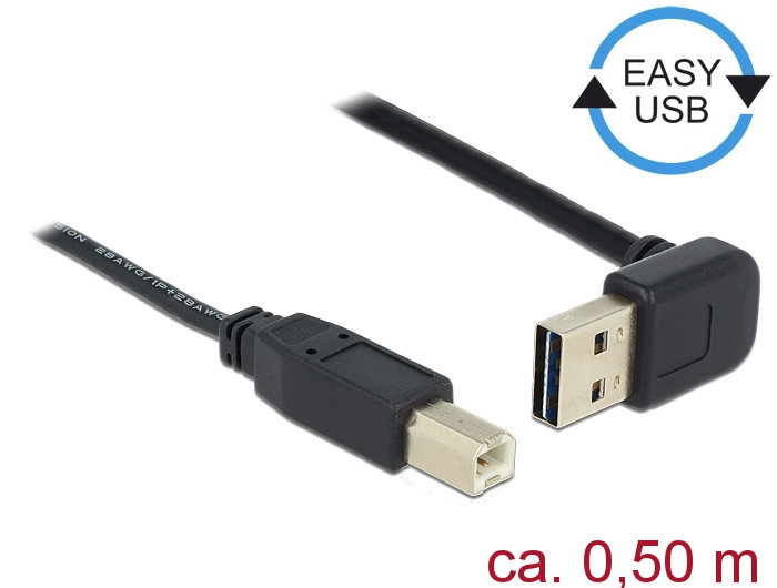 Delock Kábel EASY-USB 2.0-s A típusú csatlakozódugó, ívelt felfelé / lefelé > USB 2.0-s B-típusú csa