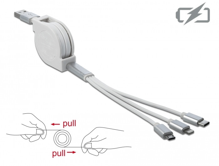 Delock 3 az 1-ben visszahúzható fehér USB töltokábel 8 tus- / Micro-USB- / USB Type-C végzodéssel