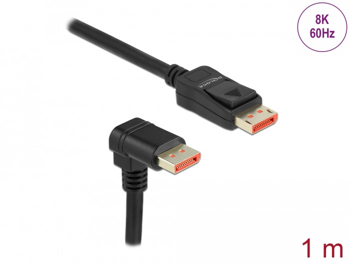 Delock DisplayPort kábel egyenes csatlakozódugóval - csatlakozódugóval 90 ívelt lefelé 8K 60 Hz 1 m