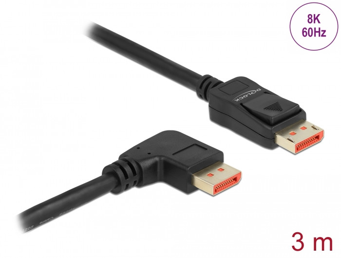 Delock DisplayPort kábel egyenes csatlakozódugóval - jobbra néző csatlakozódugóval 8K 60 Hz 3 m