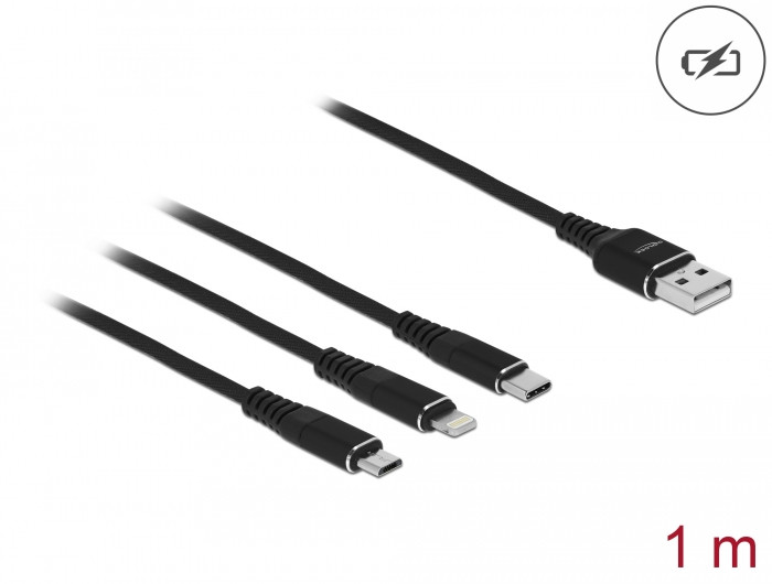 Delock 1 m hosszú, USB töltő kábel 3 az 1-ben Lightning -, Micro USB- és USB Type-C csatlakozáshoz,