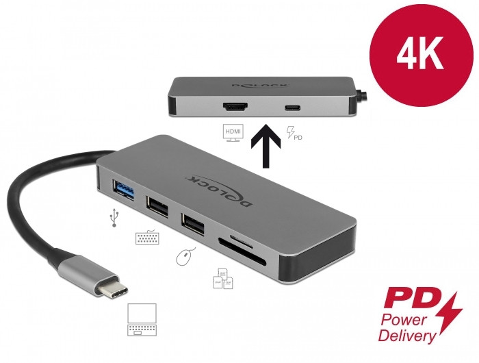 Delock USB Type-C dokkoló állomás mobil eszközökhöz 4K - HDMI / Hub / SD / PD 2.0