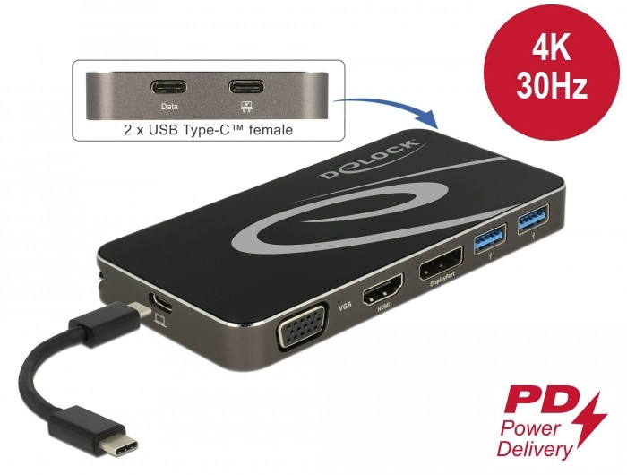 Delock USB Type-C 3.2 dokkolóállomás 4K HDMI DP / 1080p VGA, USB Hub és PD 3.0