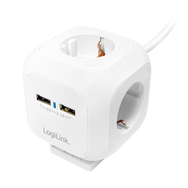 LogiLink Power kocka 4-es, 4x CEE 7/3 + 2x USB-A, 1,4 m, fehér