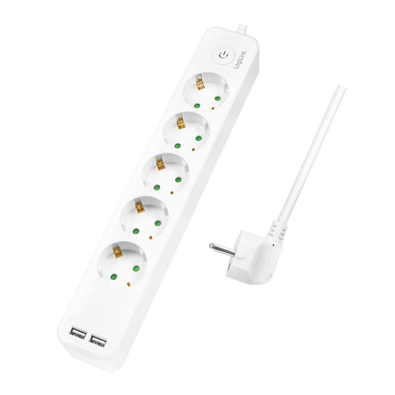 Logilink Aljzat 5-ös + kapcsoló, 5x CEE 7/3 + 2x USB-A, 1,5 m, fehér