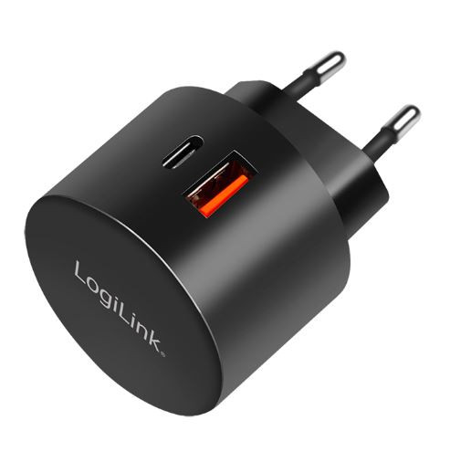 Logilink USB fali töltő, 2 portos, USB-AF és USB-CF , 20W, PD, kerek forma