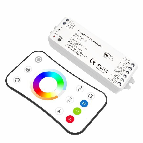 RGB + színhőmérséklet szabályzó szett, kontroller + távirányító, 12-24V DC, 3A*5CH max 15A 180W/360W