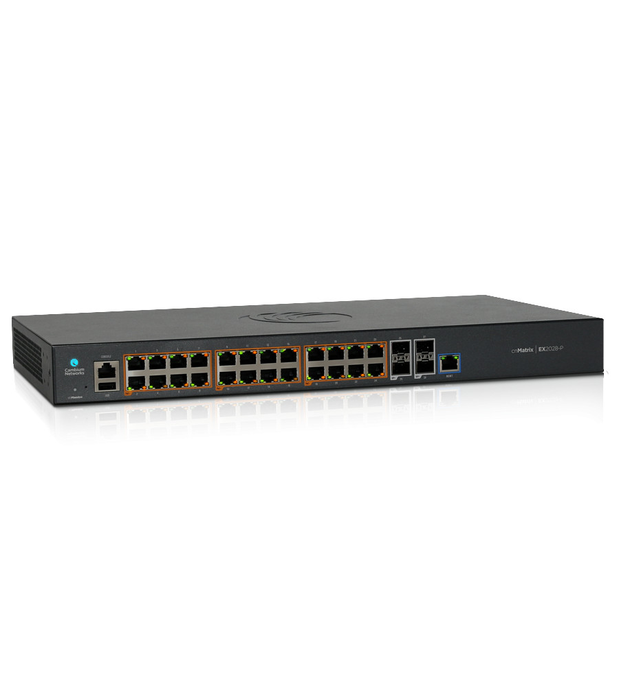 Cambium Networks, cnMatrix EX2028-P, Intelligent Ethernet PoE+ Switch, tápkábel nélkül, beltéri, 19” rackbe szerelhető,