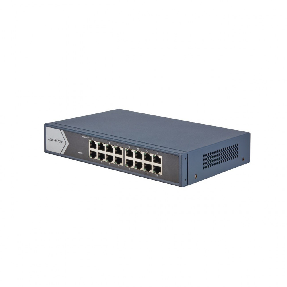 Hikvision switch DS-3E0516-E(B), beltéri, 19” rackbe szerelhető, nem menedzselhető, Gigabit LAN port 16