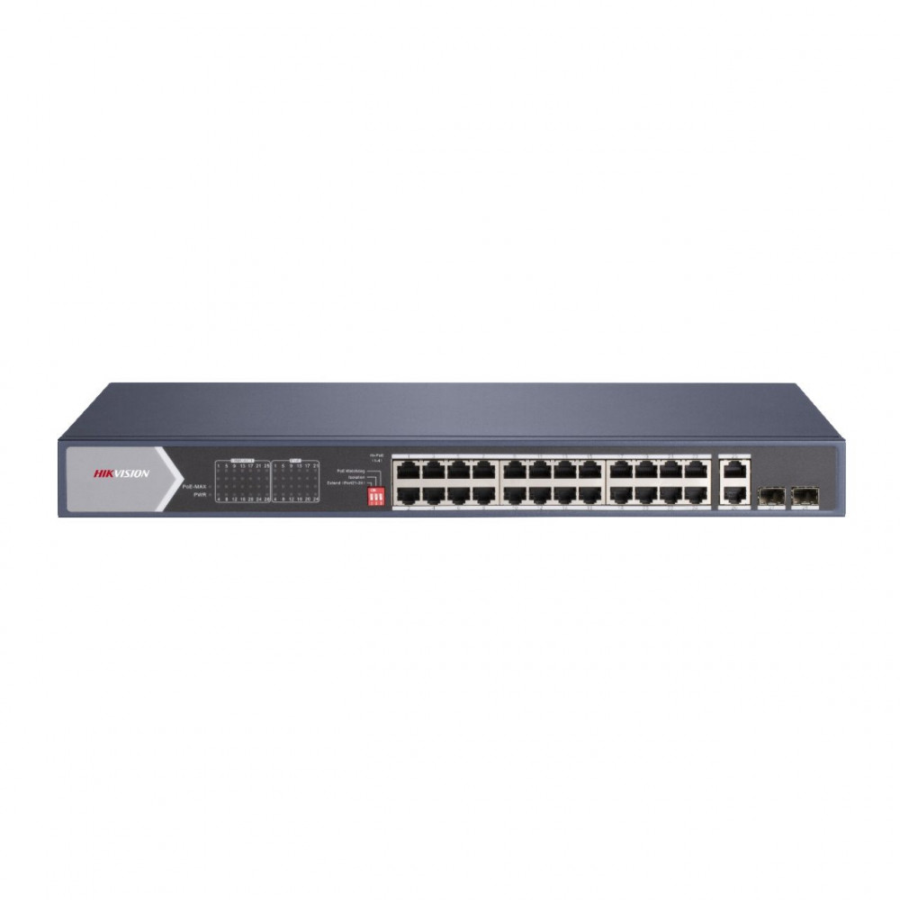 Hikvision PoE switch DS-3E0528HP-E, beltéri, 19” rackbe szerelhető, 802.3af/at/bt, AI Extend mód, nem menedzselhető, PoE