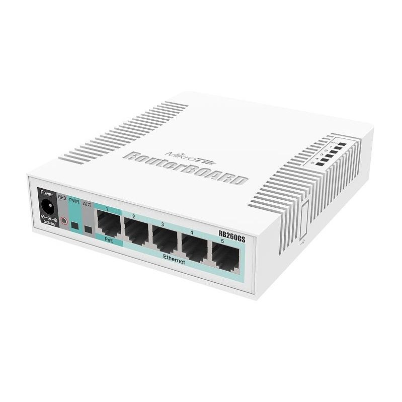 MikroTik switch RB260GS, beltéri, asztali, Web menedzsment, Controller szoftver, Gigabit LAN port 5, SFP port 1