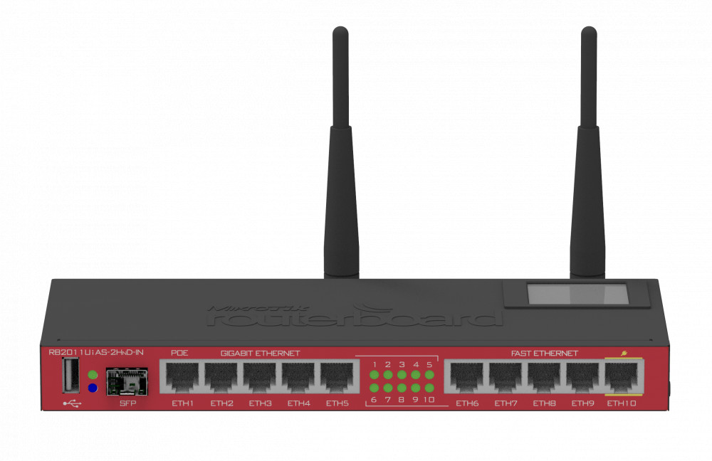 Mikrotik RB2011UIAS-2HND-IN WiFi router, beltéri, asztali, 2.4 GHz, 300 Mbps, Gigabit LAN port 5 db, SFP port 1 db