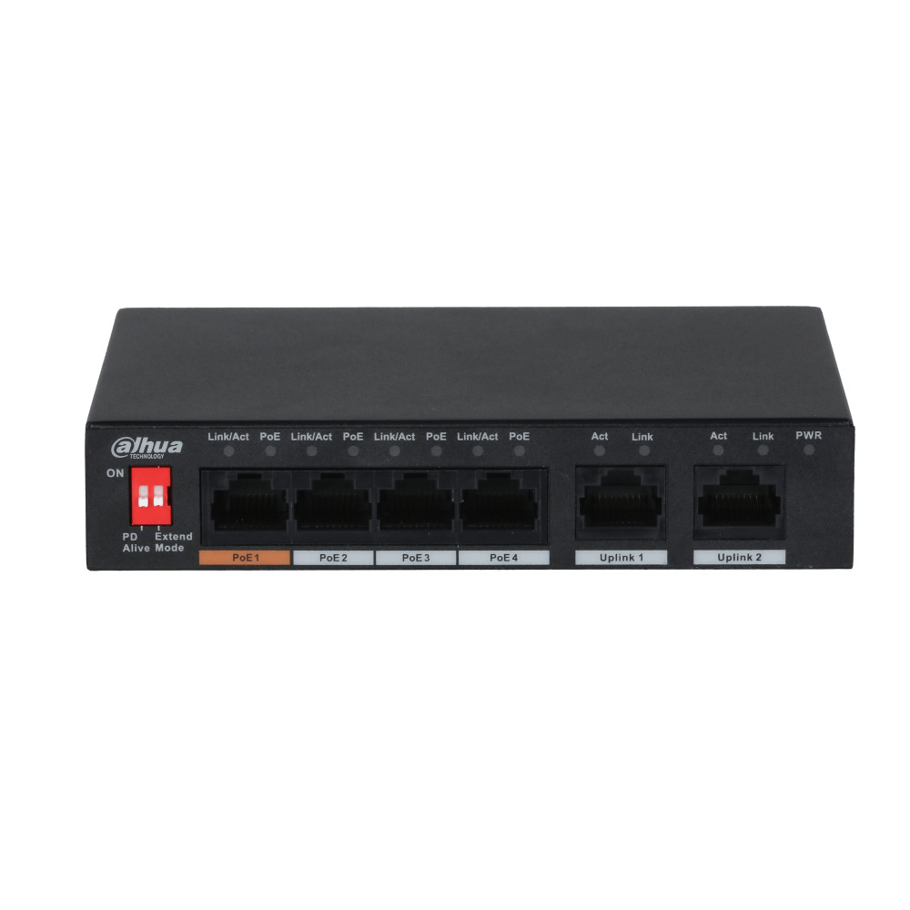 Dahua PFS3006-4ET-60-V2 PoE switch, beltéri, asztali, 802.3af/at/bt, AI Extend mód,AI PoE mód, nem menedzselhető, PoE po