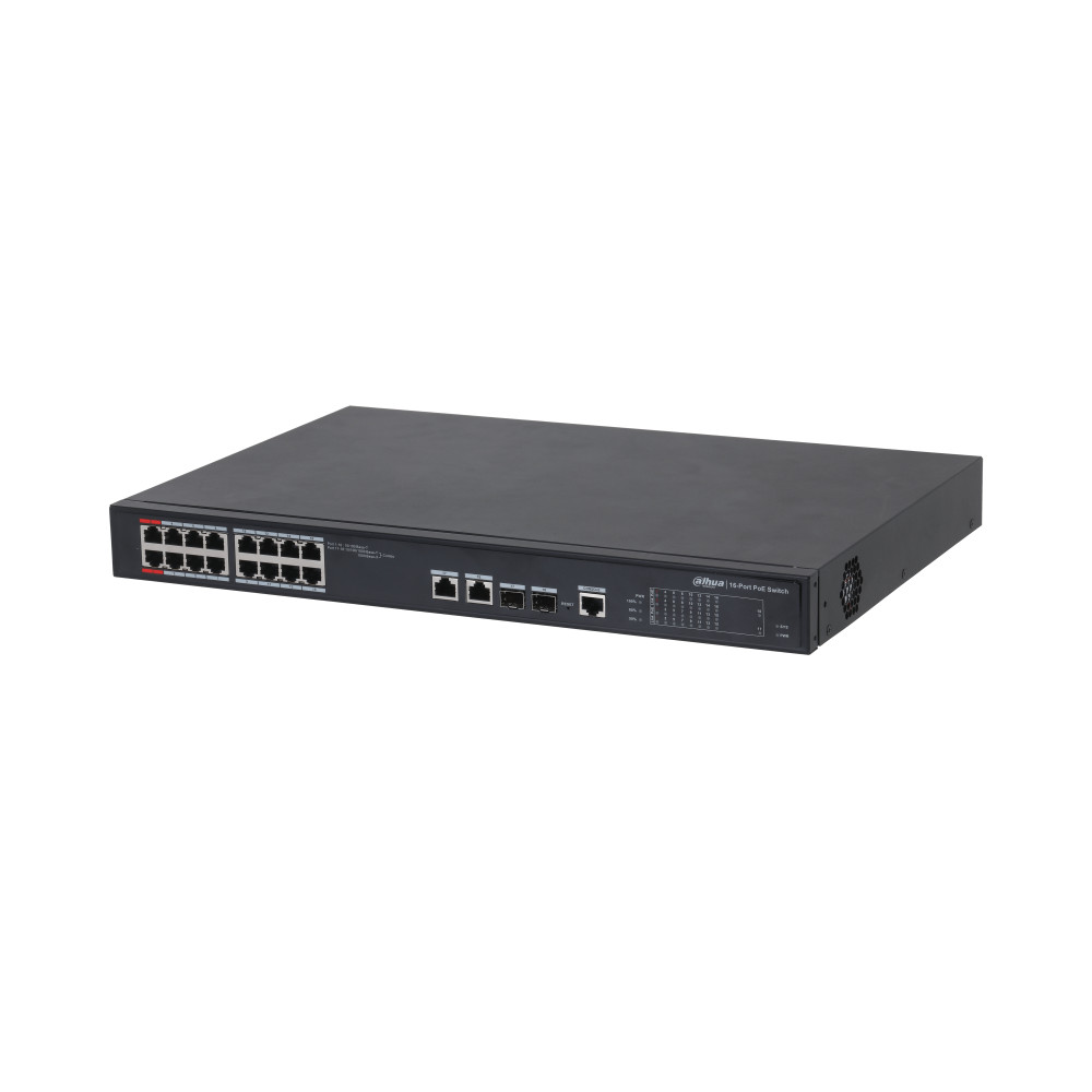 Dahua PFS4218-16ET-240-V3 PoE switch, beltéri, 19” rackbe szerelhető, 802.3af/at/bt, AI Extend mód,AI PoE mód, Layer 2