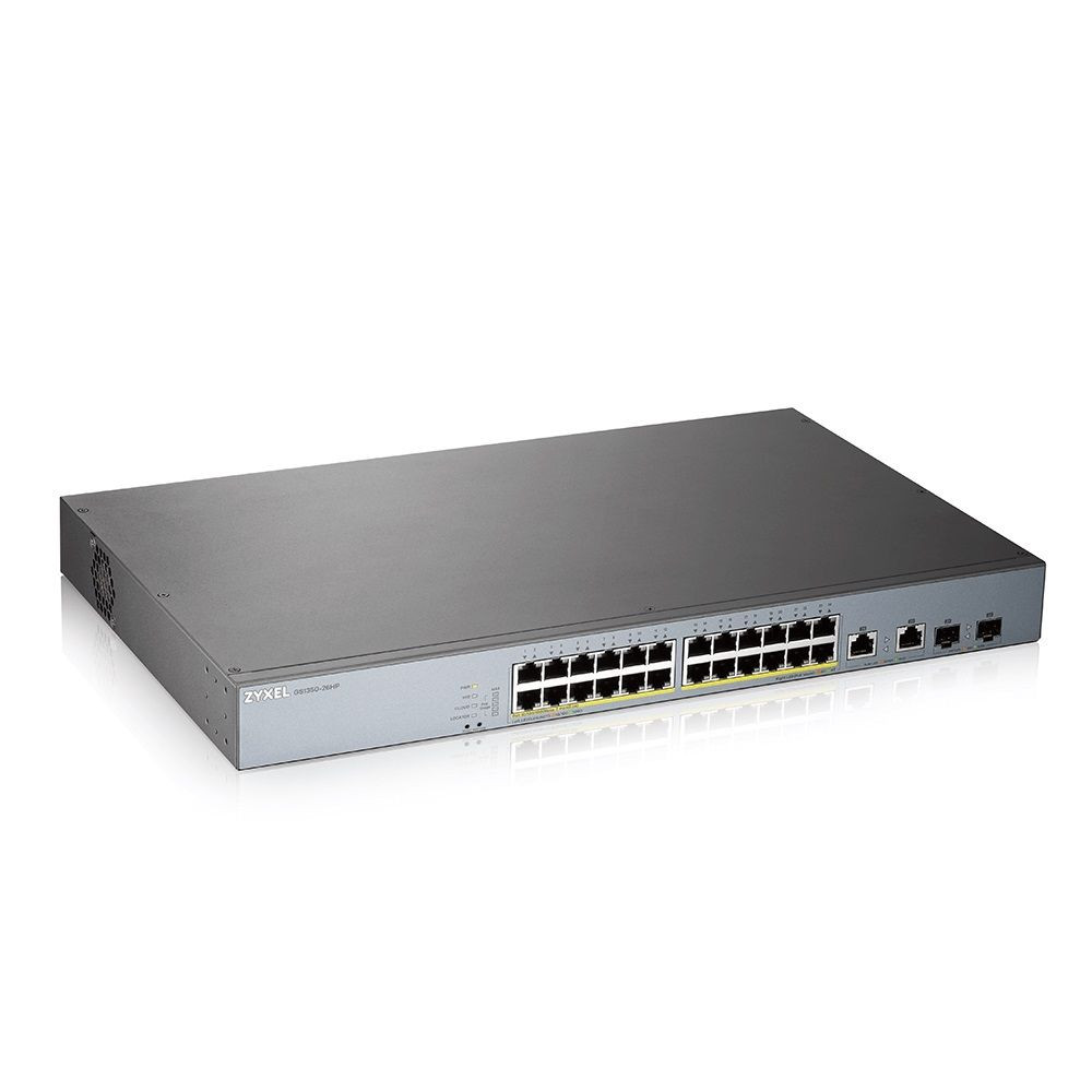 Zyxel GS1350-26HP CCTV PoE switch, beltéri, 19” rackbe szerelhető, 802.3af/at, Smart menedzsment, PoE port 24, Gigabit L