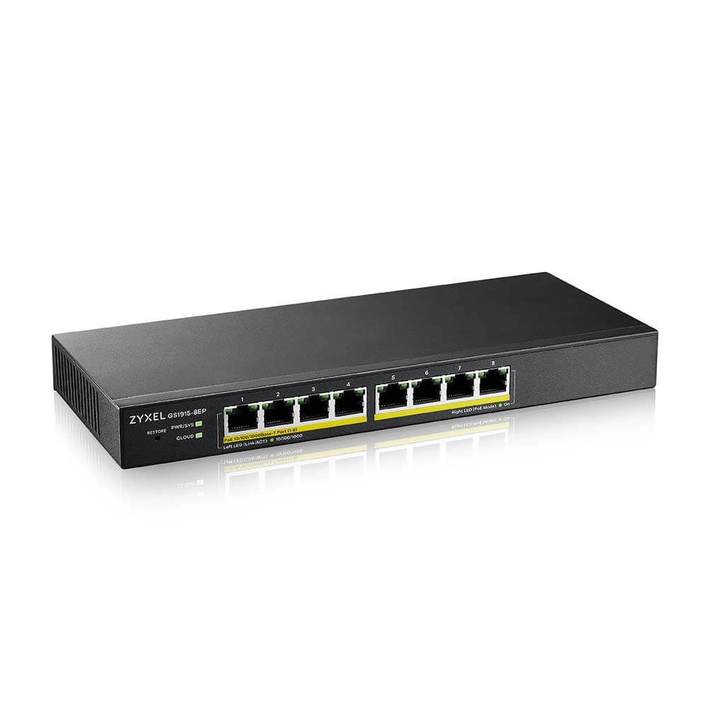 Zyxel GS1915-8EP-EU0101F PoE Switch, beltéri, asztali, 802.3af/at, Smart menedzsment, PoE port 8, Gigabit LAN port 8