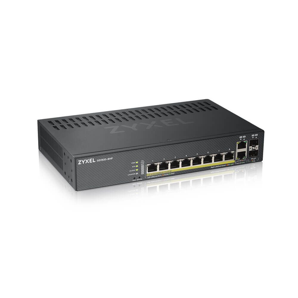 Zyxel GS1920-8HPV2 PoE switch, beltéri, asztali, 802.3af/at, Smart menedzsment, PoE port 8, Gigabit LAN port 8, Uplink p