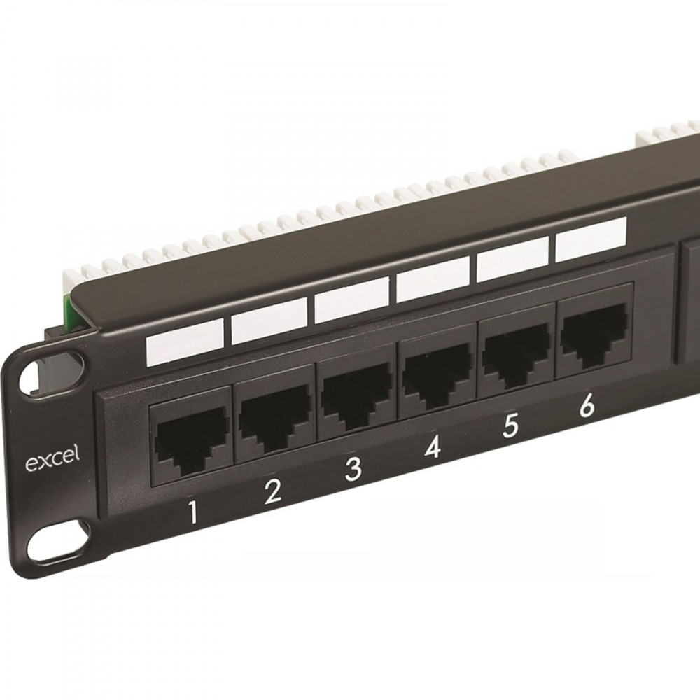 Cat.5E UTP 24 portos patchpanel, 1U, fekete EXCEL 100-726, rackszekrény kiegészítő, beltéri