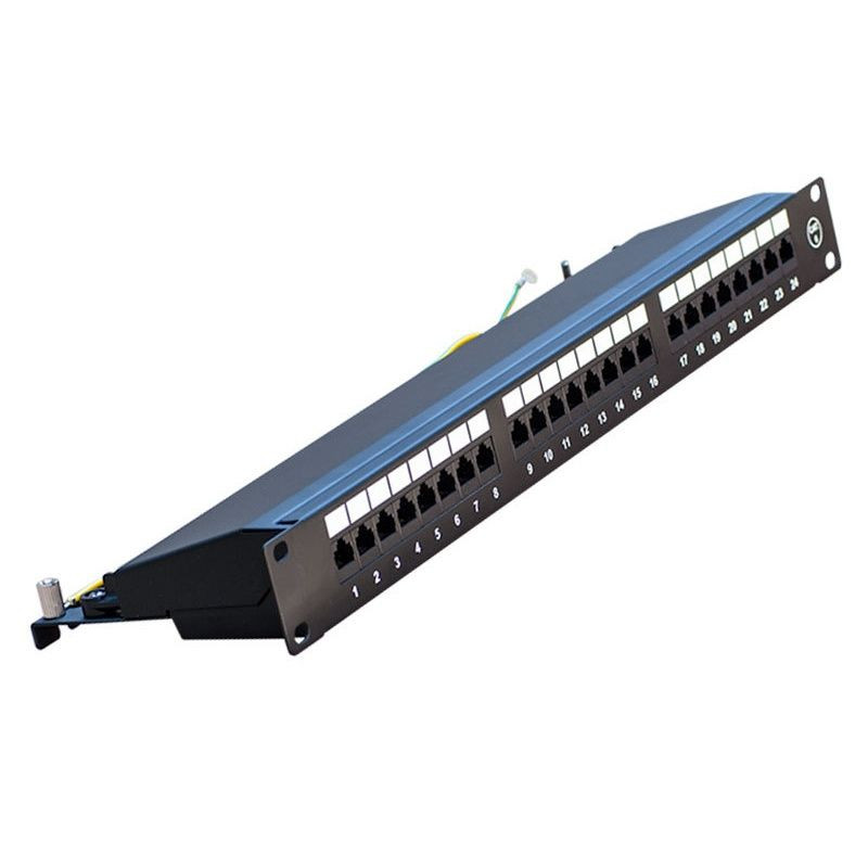 UTP Cat6 patch panel, 24 portos,1U, fix tehermentesítővel, rackszekrény kiegészítő, beltéri