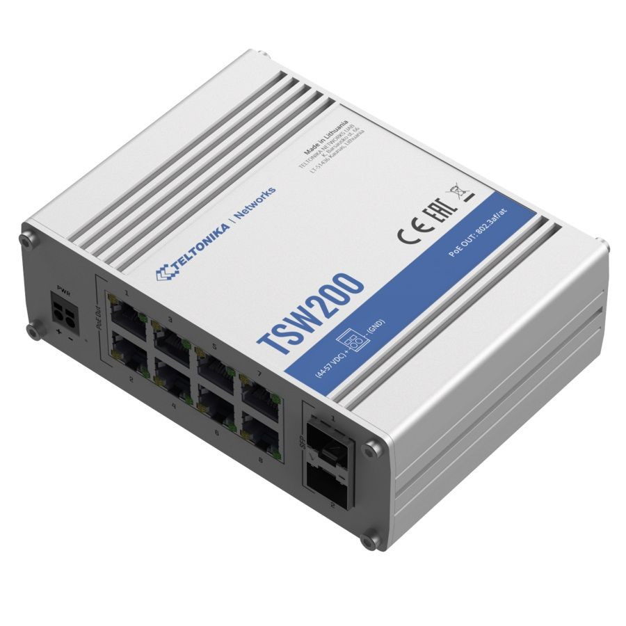 Teltonika ipari gigabites PoE switch TSW200, kültéri - szerelő dobozban, asztali, 802.3af/at, nem menedzselhető, PoE por