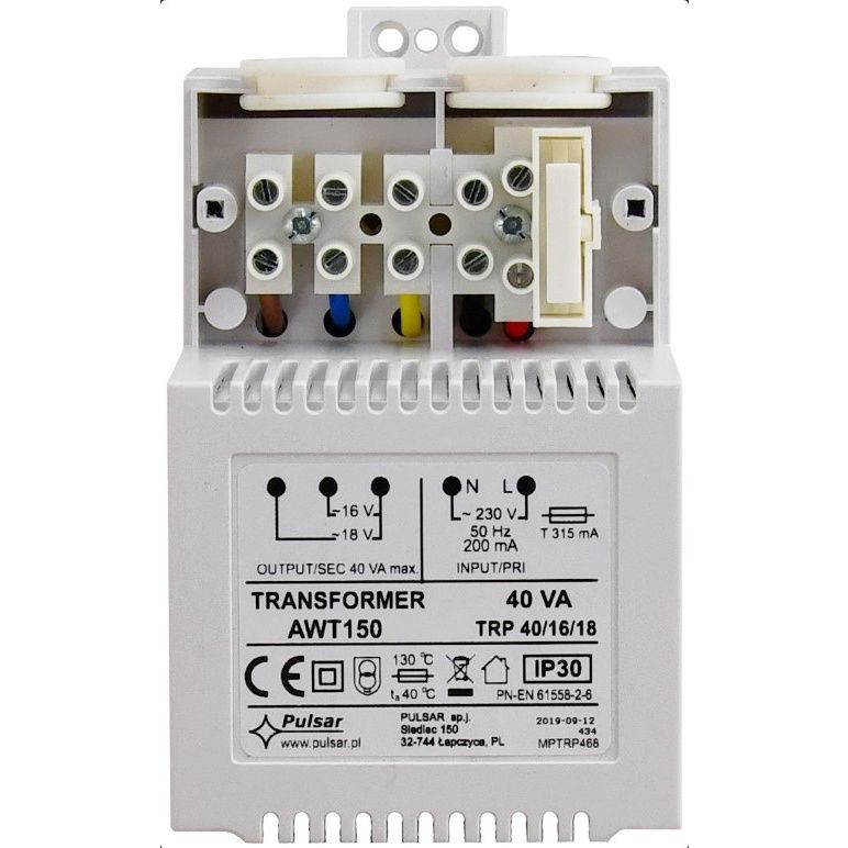 Transzformátor 16 V / 18 V AC 40 VA , 72 x 115 x 70 mm