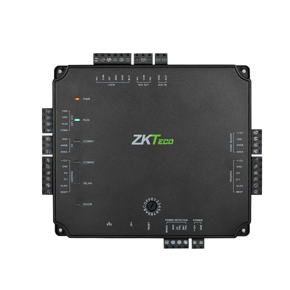 ZKTeco, ajtóvezérlő, TCP/IP, Wiegand, OSDP, RS-485, 2 db kimenet összesen, 1x zár, 1x aux, 3 db bemenet max., 1x kilépő