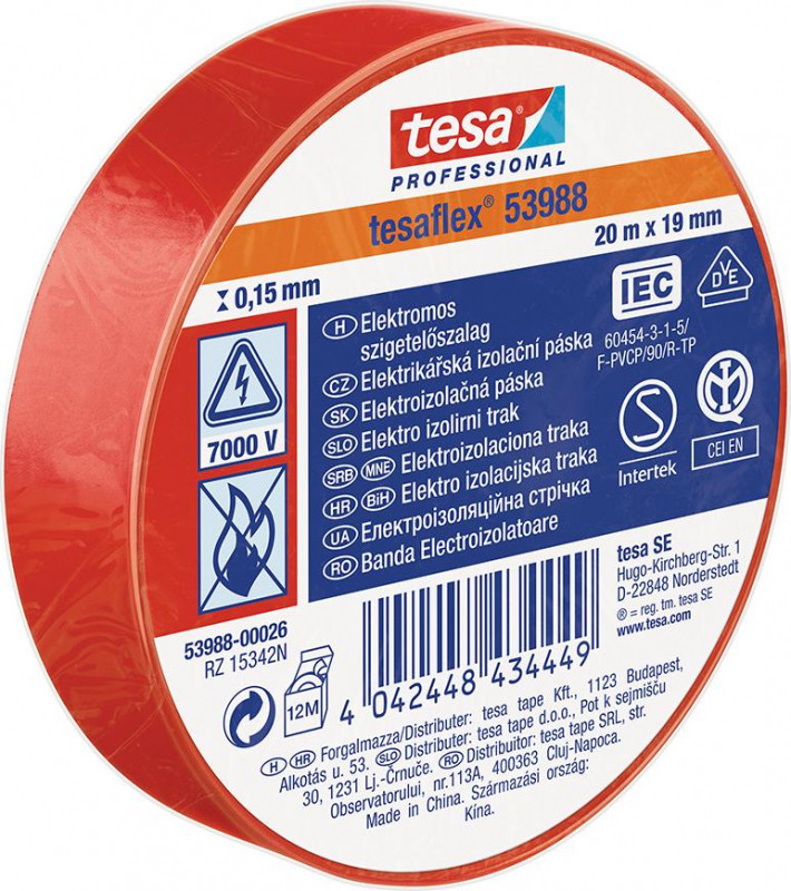 Tesa PRO tesaflex , szigetelőszalag PVC 10 m-es 15 mm, piros színű